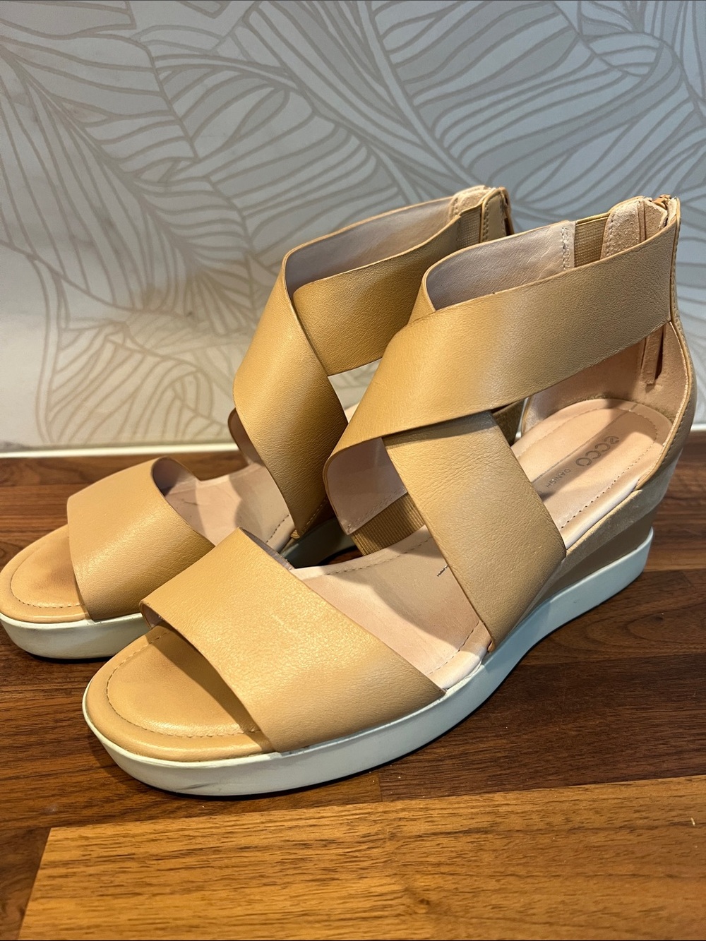 Ecco Tan Leather Crisscross Wedge Sandals